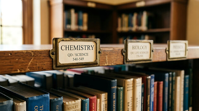 Closeup of vintage wooden library shelf with brass index labels for chemistry biology and physics science subjects in a classic academic setting