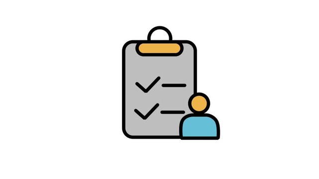 Animated business project clipboard icon showing a checklist next to an employee profile for workflow task allocation tracking.