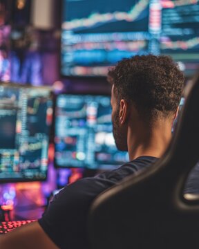 複数のモニターを見つめる男性の後ろ姿。プログラミングやデータ分析の作業シーンに適したイメージ