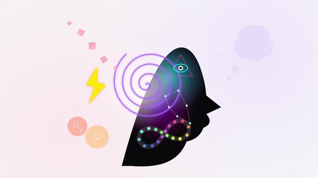 illustration of a human head silhouette filled with abstract geometric shapes