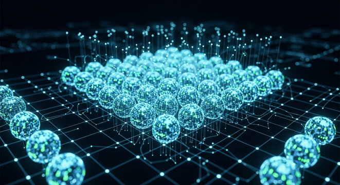 Abstract 3D rendering of a glowing, interconnected network of shimmering blue orbs arranged in a grid, symbolizing data transfer and futuristic technology.