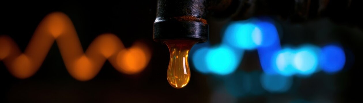 golden drop of liquid hanging from  metal tap against colorful abstract bokeh lights