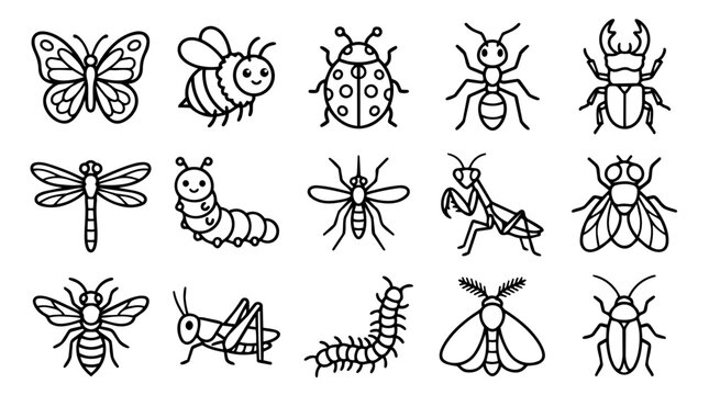 Collection of cute outline insect and bug icons