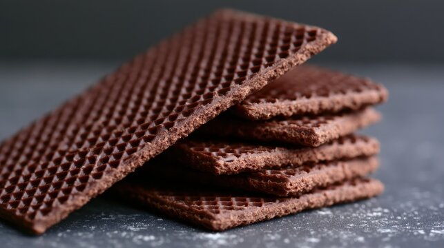 stack of crispy chocolate wafers with  textured grid pattern on top biscuit