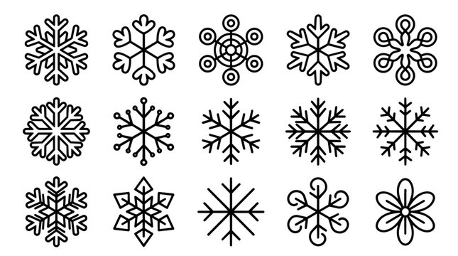 Set of diverse outline snowflake icons