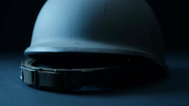 UN military helmet macro close-up worn scratches slow motion