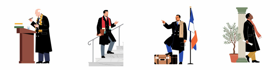 Collection of flat character illustrations showing men in formal attire, representing themes of politics, diplomacy, education, and professional leadership. © Pino