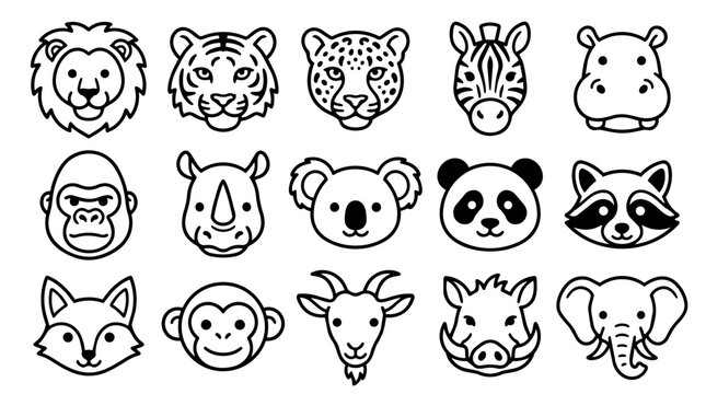 Set of fifteen cute animal head outlines