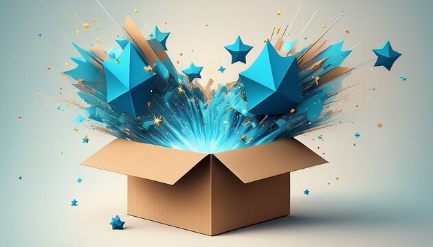 cardboard box exploding with abstract blue shapes and stars on a light background