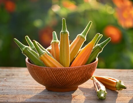 fresh picked organic jing orange okra in a bowl with kitchen garden in background late summer early fall harvest okra is an important ingredient in gumbo and other southern cooking in the usa