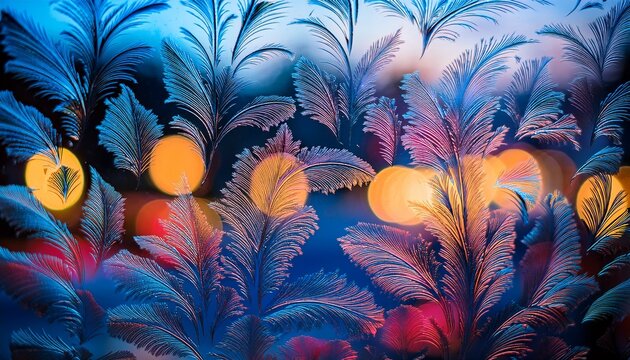 frost patterns on a window with colorful bokeh lights visible behind the glass