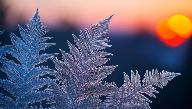 intricate frost patterns form delicate fern shapes on window pane at dusk