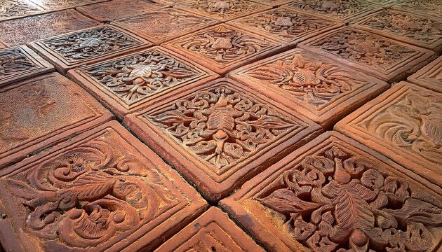 old worn decorative brick pavers with intricate carved design medium close view