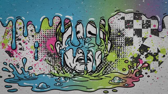 Disturbing Pop Art Portrait of a Man Drowning in Colorful Liquid.