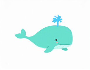 Fototapeta premium Charming Flat Design Blue Whale with Water Spout, Minimalist Cartoon Style.