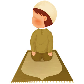 Muslim Boy Performing Salam Prayer Pose Looking Right On Prayer Mat
