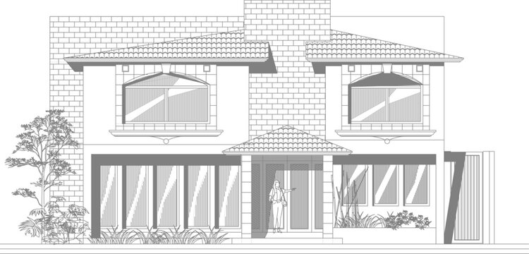 Two-story residential house elevation with brick facade, tiled roof, and landscaping. Monochrome architectural line art showing front view with entrance and garage.