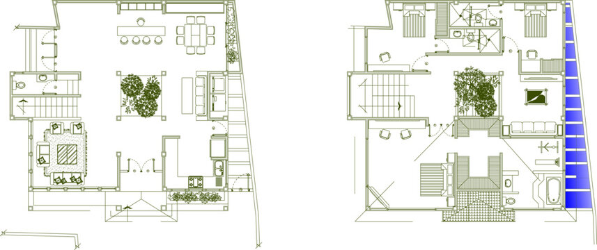 Top-down residential floor plans with living, dining, kitchen, and bedroom layouts, central plants, and staircases. Monochrome architectural line art.
floor plan residential house apartment interior l