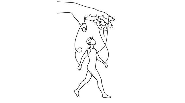 Conceptual line art portraying the intricate dynamics of control and influence, depicting a human figure walking as if a puppet guided by a manipulative hand