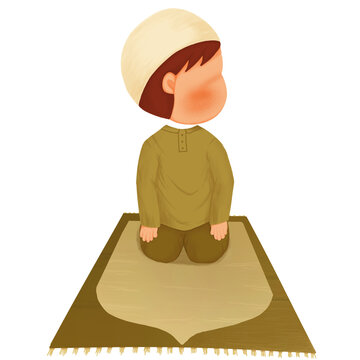 Muslim Boy Performing Salam Prayer Pose Looking Left On Prayer Mat