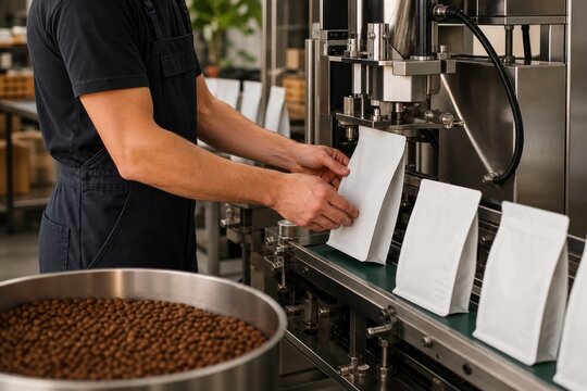 Coffee packaging worker operating automated filling machine with white pouches in modern roasting factory, precise efficient professional production workflow