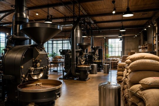 Coffee roastery equipment processing fresh beans in modern industrial warehouse interior, warm artisanal atmosphere with premium professional craftsmanship and authentic rustic style