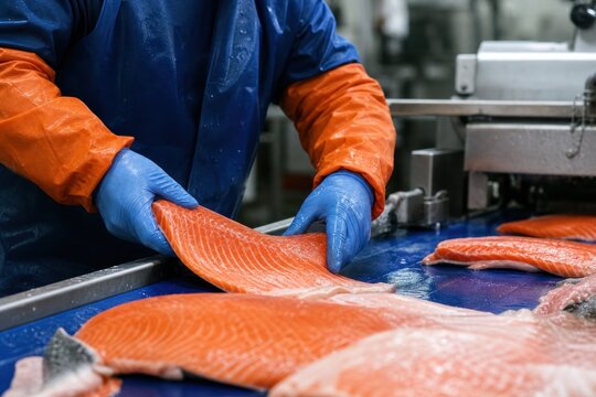 Salmon fillet processing on hygienic seafood production line in modern industrial factory, fresh premium vibrant clean professional food manufacturing close-up