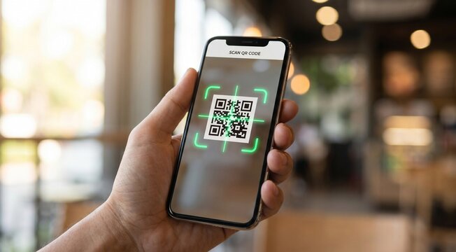 Close-up of a hand holding a modern smartphone displaying a QR code scanning screen. The QR code is centered on the bright phone display with green scanning frame indicators around it. Soft blurred