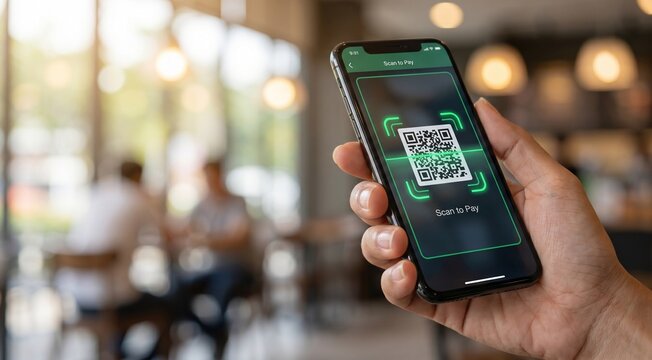 Ultra-realistic close-up photograph of a person holding a sleek smartphone with a QR code prominently displayed on the screen. Green scanning brackets highlight the code, representing digital payment