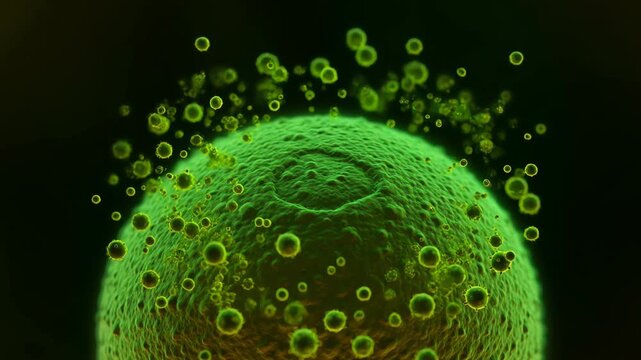 Green-Burst Paramyxovirus macro close-up cell lysis slow motion