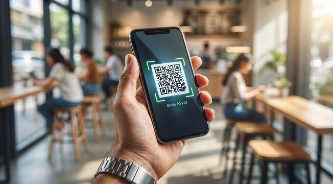 Close-up of a hand holding a modern smartphone displaying a QR code scanning screen. The QR code is centered on the bright phone display with green scanning frame indicators around it. Soft blurred