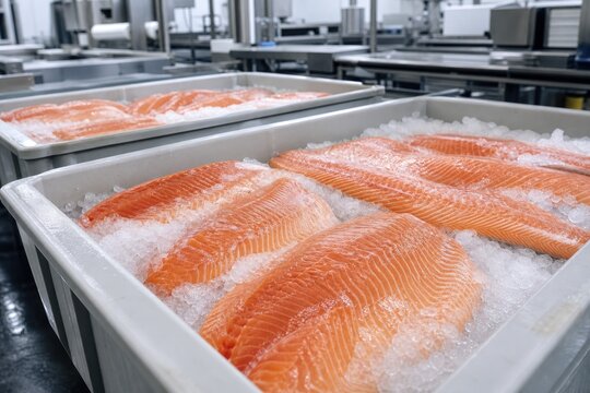 Salmon fillets chilled on crushed ice in modern seafood processing facility, fresh premium hygienic industrial food production with clean professional quality