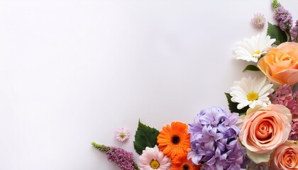 Fototapeta premium assorted pastel roses daisies and purple flowers arranged on white background with copy space pink orange flowers with green leaves for card or invitation
