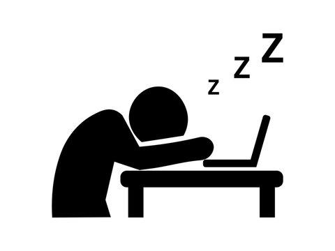 Tired office worker sleeping at desk with laptop icon