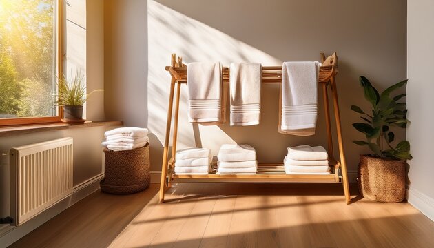 sunlit laundry room with freshly washed towels draped on a wooden drying rack