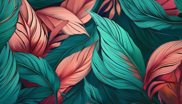 tropical leaves pattern in shades of green teal and rose lush jungle foliage dense plant growth background for decor print textile wallpaper