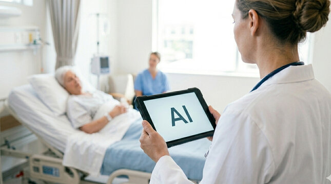 Artificial Intelligence AI in Healthcare Doctor using AI to attend patient in hospital care setting