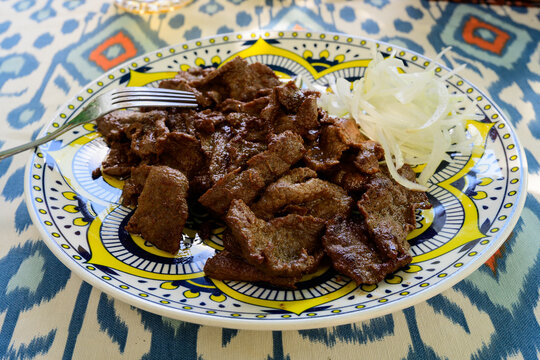 Beef Jiz Bukhara Style or Jiz-Biz Fried Beef Slices with Onions