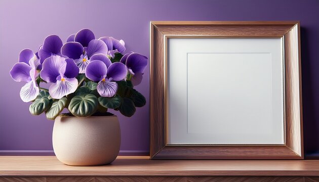 cozy interior scene showcasing vibrant african violet with picture frame