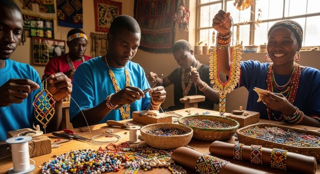 African women crafting colorful jewelry together.