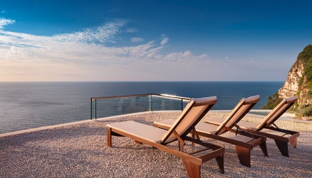 tranquil seascape vista with deck chairs and serene ocean viewpoint