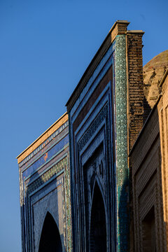 Shad-I Mulk Aga and Amirzadeh Mausoleum Tiled Exterior Detail in Shah-I-Zinda Necropolis Complex, Samarkand, Uzbekistan