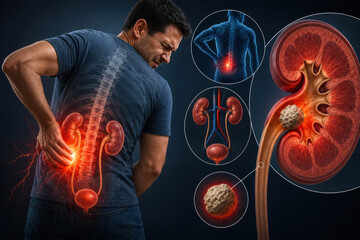 Naklejka premium Man Suffering from Kidney Stone Pain with Anatomical Illustration of Renal Calculus Obstruction