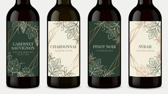 Elegant Wine Bottle Label Set with Botanical Illustrations and Gold Geometric Accents