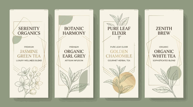 Minimalist organic tea packaging set with botanical line art illustrations and elegant geometric frames for premium herbal infusion concept