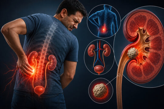 Man Suffering from Kidney Stone Pain with Anatomical Illustration of Renal Calculus Obstruction