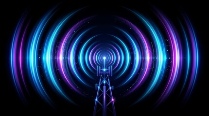 Naklejka premium Futuristic Digital Tunnel with Vibrant Light Circles and Radial Patterns.