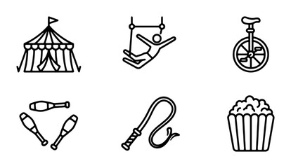 Circus Icons Set: Tent, Acrobat, Unicycle, Juggling Pins, Whip, Popcorn Vector Graphics © Jahidul