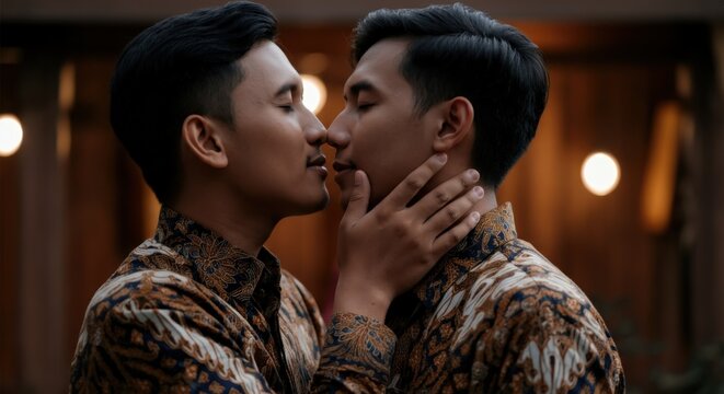 Two men about to kiss intimate closeup in patterned shirts
