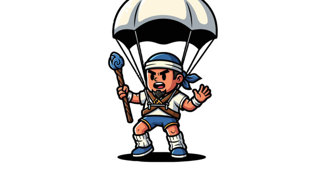 Cartoon character parachuting with cheerful confident expression.